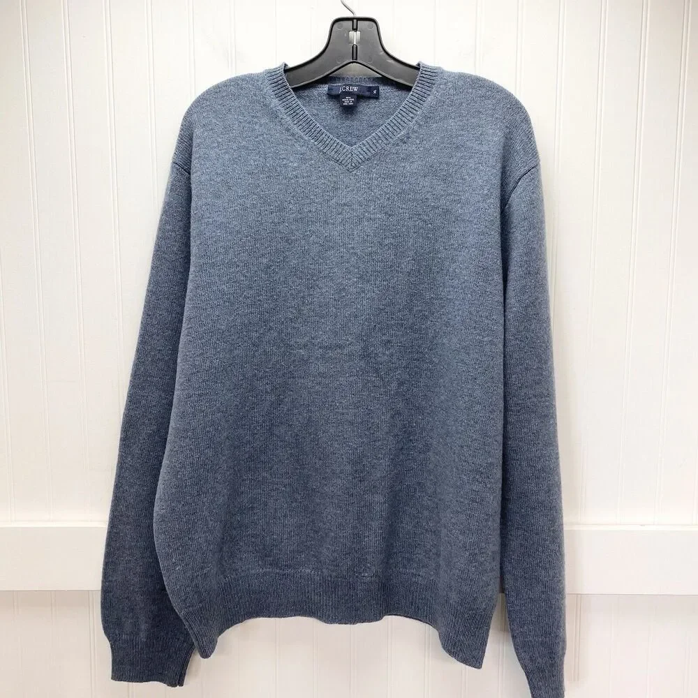 Merino Wool Sweater Mens XL J Crew Blue Long Sleeve Knit V-Neck Casual Top
